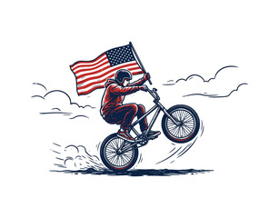 Naklejka premium Patriotic BMX rider illustration performing stunt with American flag, extreme sports action, and adventurous USA freedom celebration artwork