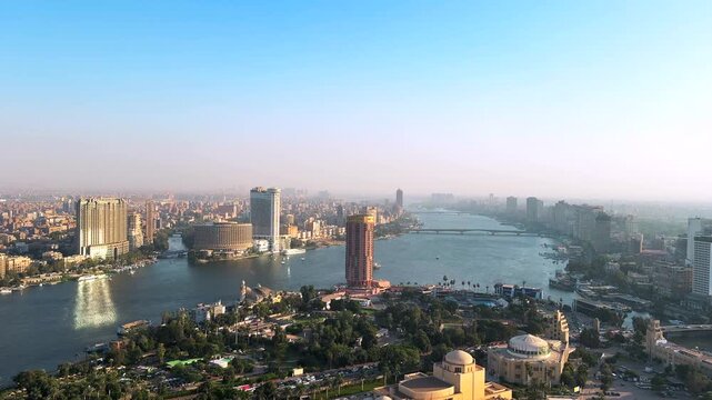 Aerial View of Cairo and Nile River at Sunset