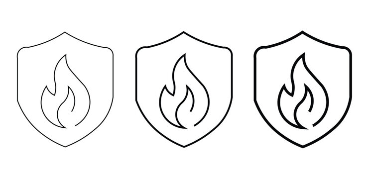 Fire protection shield icons, flame resistant safety symbols in thin and thick line weights, fireproof security vector set for industrial safety