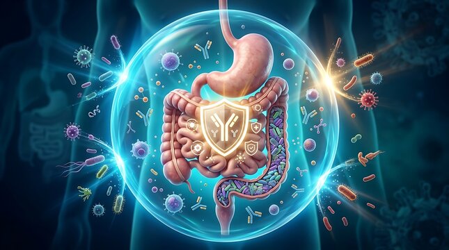 Human digestive system with healthy gut bacteria and antibodies protected by a glowing shield against viruses and microbes