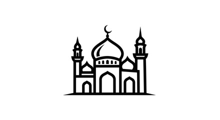 Black and white vector illustration of mosque building with dome and minarets © Pemberi