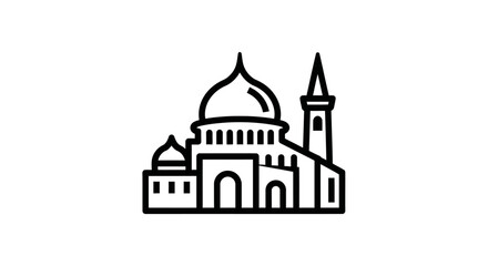 Fototapeta premium Minimalist black and white illustration of a mosque with a dome and minaret