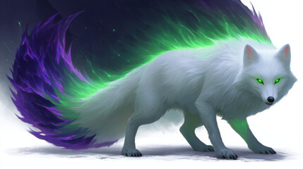 Naklejka premium White fox with green glow and purple tail, fantasy animal illustration, isolated on white background