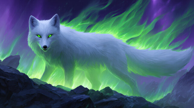 White fox green eyes purple background fantasy creature furry animal glowing aura mystical scene predator wildlife digital art arctic fox animal portrait long tail standing pose dark rock green