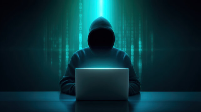 Hooded figure behind laptop dark silhouette cyber crime hacker anonymous person low key cinematic scene digital code cyber security computer