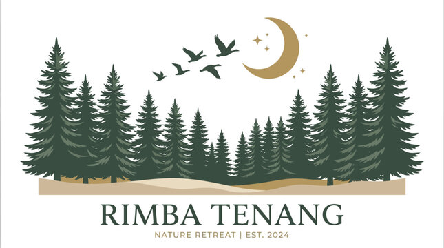 Vintage style forest landscape logo design with pine trees and crescent moon.