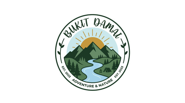 Vintage badge style mountain river adventure logo design for Bukit Damai.