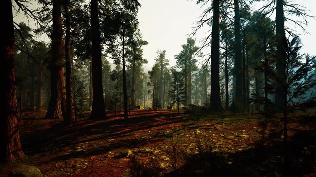 sunlit pine forest at dawn, golden rays filtering through tall trunks and casting long shadows across mossy floor, distant mist hangs between trees, warm amber