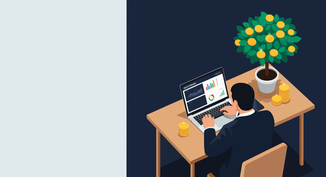 Businessman analyzing financial charts on a laptop with a money tree and coins on a desk, concept for investment, finance and growth.