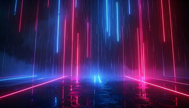 Neon lights in dark futuristic tunnel.