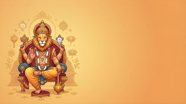 Narasimha Jayanti Lord Vishnu Avatar Blessing Prahlada Vector Illustration with Traditional Arch and Diya Lamp Background