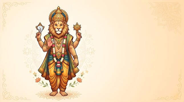 Narasimha Jayanti Lord Vishnu Avatar Blessing Prahlada Vector Illustration with Traditional Arch and Diya Lamp Background