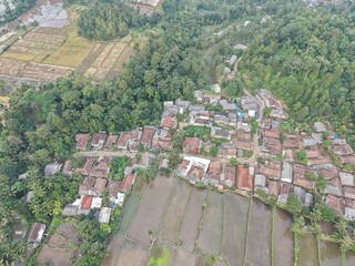 Fototapeta premium Aerial Panorama of Village Amidst Rice Fields and Forest