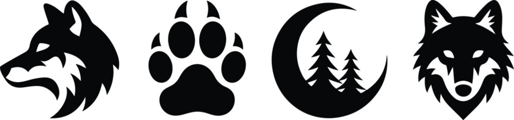 Obraz premium Minimalist Wild Wolf Head, Paw Print, and Forest Crescent Moon Vector Icon Set, Modern Wilderness Predator Emblem Bundle, Wolf Profile, Track, and Night Pine Tree Graphics.