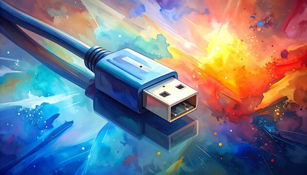 USB cable connector close-up colorful background.