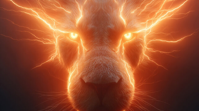 Front view of lion with fire light glowing eyes and electric energy, fierce animal portrait with dramatic orange lightning