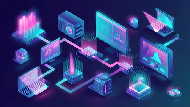 Isometric illustration of futuristic technology and data visualization