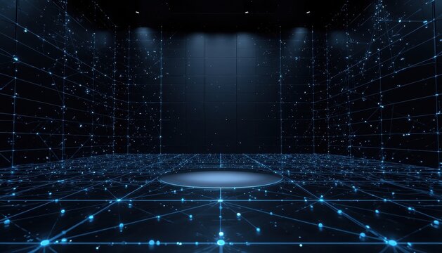 Virtual technology stage with glowing network nodes technology connections abstract platform background particles communication connectivity environment presentation electronic informatics