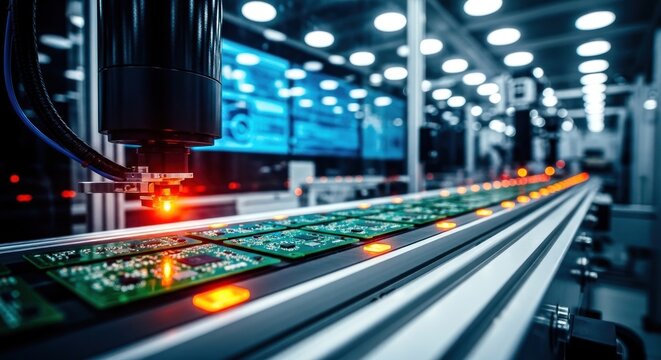 Robotic arm assembly line manufacturing electronic circuit boards in a modern factory