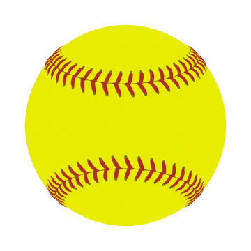 Bright yellow softball with red stitching on transparent background