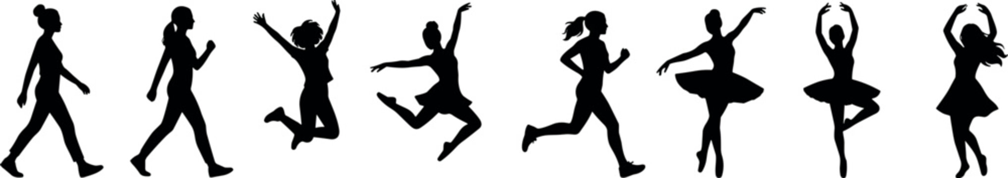Female Silhouette Set with Walking, Running, Jumping, and Ballet Dance Poses for Active Lifestyle Vector Design
