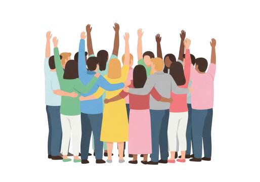 Group of diverse people standing together with arms raised in unity and support isolated on transparent background