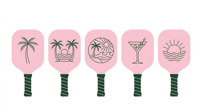 Set of five paddle tennis paddles with tropical and beverage themed graphics on a white background