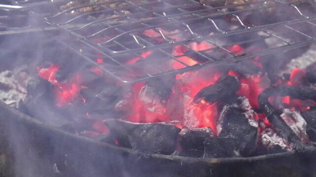 Kofta kebabs grilling over glowing charcoal with rising smoke
