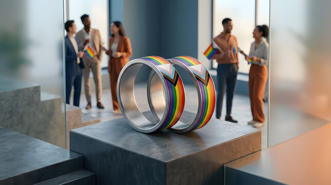 Rainbow colored metal cuff on pedestal with LGBTQ people in background