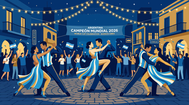 Argentina World Cup Victory Celebration and Tango Dance Illustration