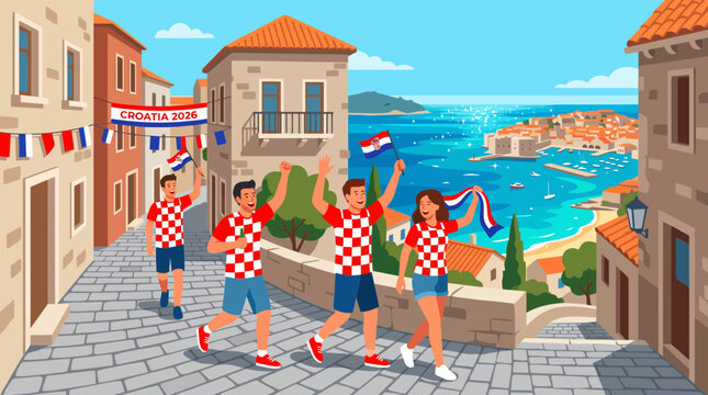 Croatian Football Fans Celebrating in Mediterranean City Illustration