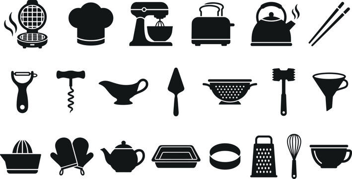 Kitchen Utensil Silhouette Icons Set With Cooking Appliances Cookware Tableware And Baking Tools Vector Design Collection