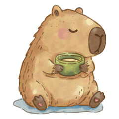Cute Watercolor Capybara Drinking Tea Clipart PNG © bunnylovely