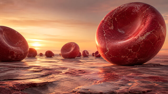 International blood day concept red blood cells floating on water surface at sunset with blood cell deep red erythrocyte hematology microscopic circulation reflection