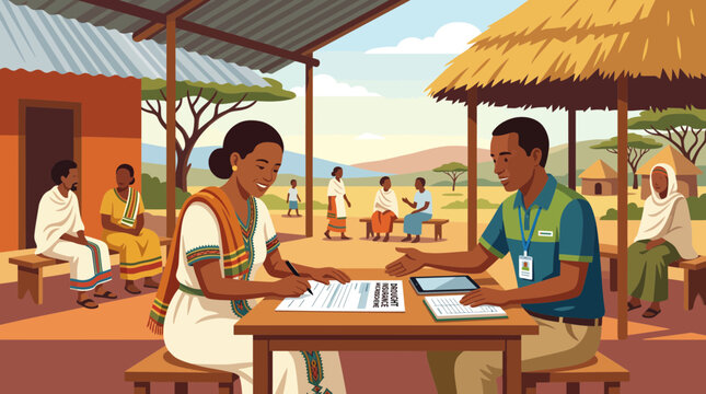 African Woman Signing Drought Insurance Document in Rural Village