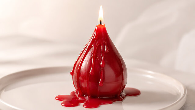 International blood day concept red teardrop shaped candle dripping wax on plate with blood drop white plate dark red light source dripping teardrop tableware candlelight