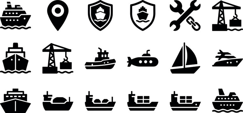 Maritime Shipping Silhouette Icons Set With Ships Crane Location Tools Sailboat And Submarine Vector Design Collection