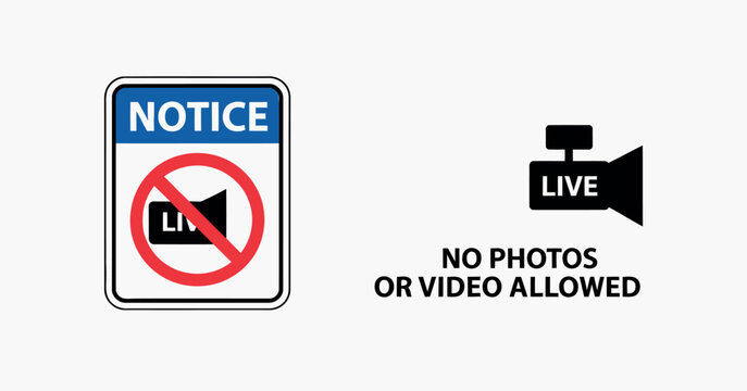 notice no photos or video allowed sign, photography restriction symbol collection, video recording prohibited warning signage icons, no media capture zone vector set, modern flat outline illustration.