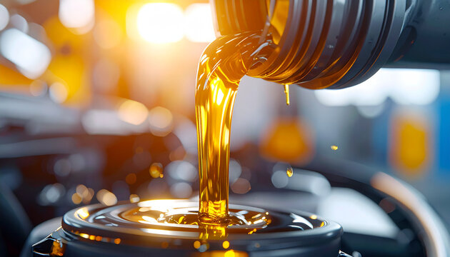 Fresh motor oil pouring close up with golden lighting for maintenance