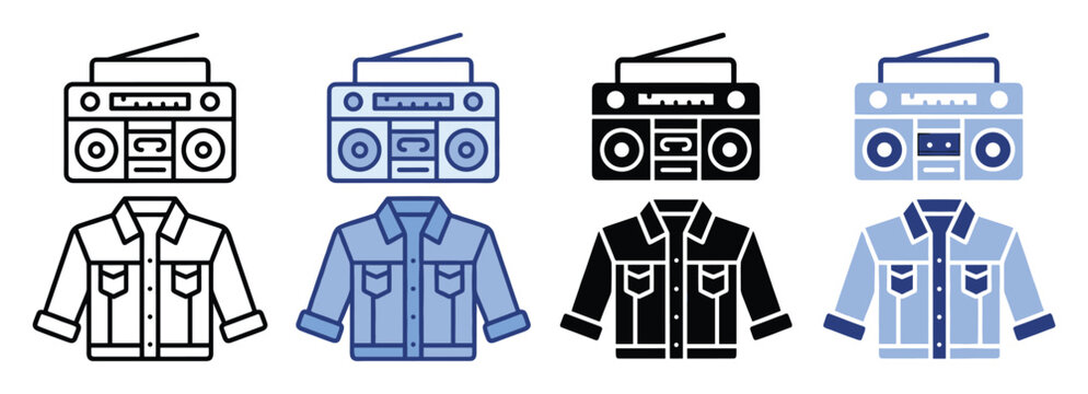 Boombox and jacket icons. Radio and denim coat symbols. Outline, flat, solid, duotone set.