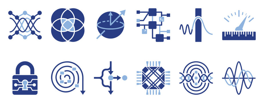 Advanced technology flat icon set. Quantum computing symbols. Digital science collection.