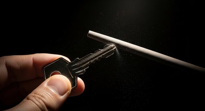 Hand holding key near a metal rod against a dark background studio shot