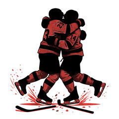 Fototapeta premium Two hockey players celebrating a goal in a joyful embrace
