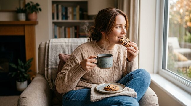 Woman Enjoying Delicious Cookie with Warm Coffee at Home &ndash; Relaxation Indulgence Lifestyle Stock Photo