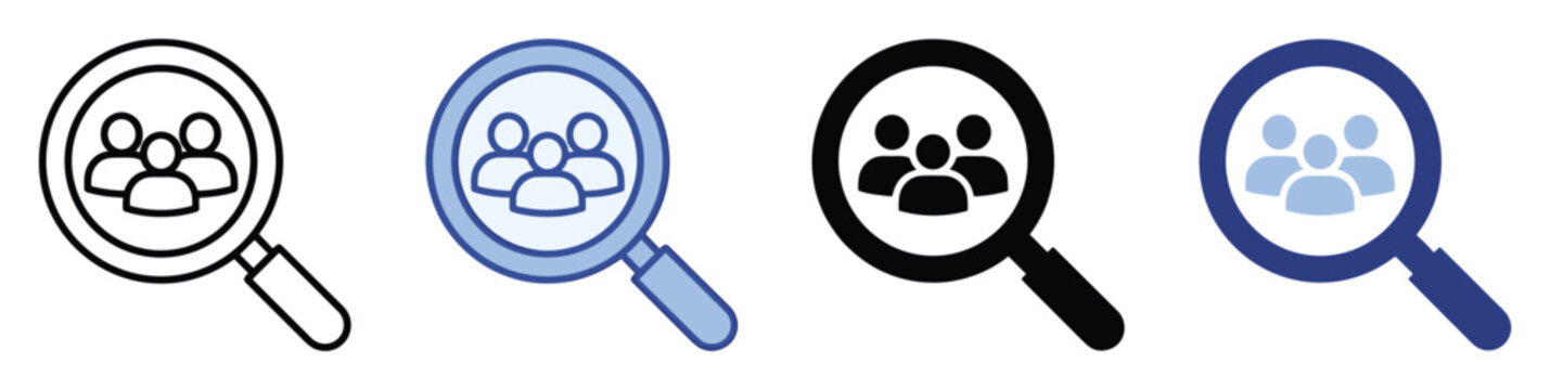 People search icon. Team group symbol. Outline and solid styles.