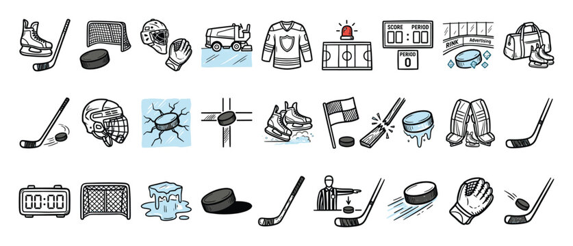 Hockey equipment. Outline icon collection. Vector illustration.