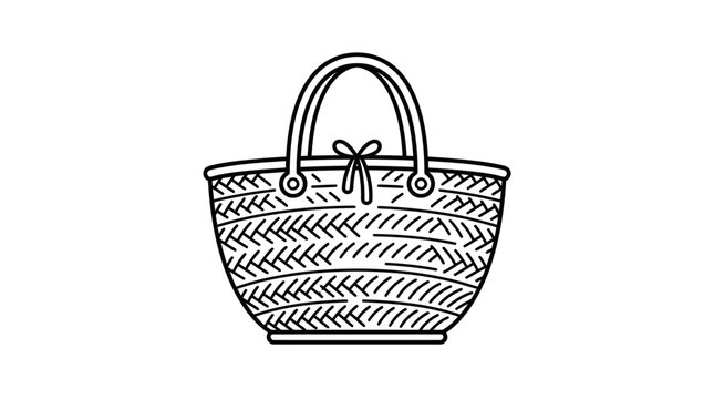 Handcrafted woven straw beach bag line icon.