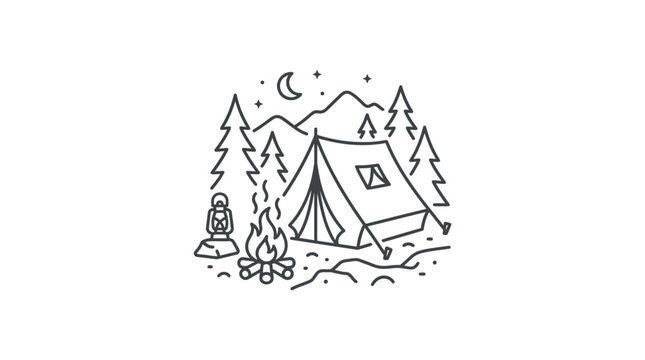 Nighttime wilderness camping icon with tent moon and stars.