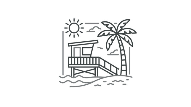 Beach hut on stilts with palm trees and ocean.