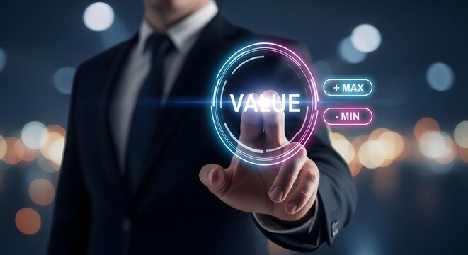 Business professional touching 'value' concept with digital interface and bokeh lights